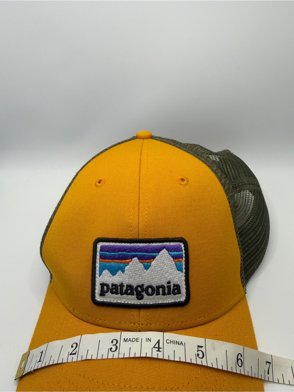 Patagonia P-6 Logo Trucker Hat in Yellow and Olive Green - Picture 8 of 10